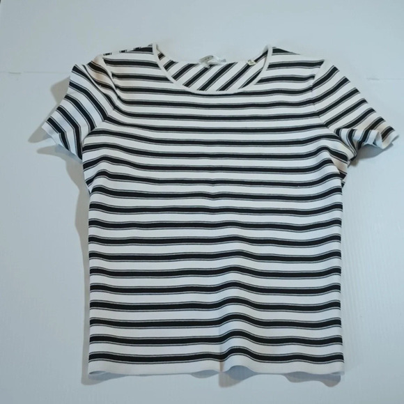 A.L.C. Black and White Stripe Cross Over Back Fitted Cropped Heavy Knit Top A23 - Picture 1 of 6